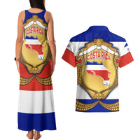 Costa Rica Flag Map Couples Matching Tank Maxi Dress and Hawaiian Shirt Red White Blue with National Colors and Gold Crest Design - Wonder Print Shop