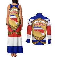 Costa Rica Flag Map Couples Matching Tank Maxi Dress and Long Sleeve Button Shirt Red White Blue with National Colors and Gold Crest Design - Wonder Print Shop