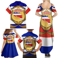 Costa Rica Flag Map Family Matching Summer Maxi Dress and Hawaiian Shirt Red White Blue with National Colors and Gold Crest Design - Wonder Print Shop