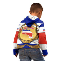 Costa Rica Flag Map Kid Hoodie Red White Blue with National Colors and Gold Crest Design - Wonder Print Shop
