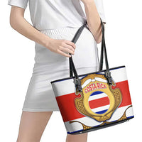 Costa Rica Flag Map Leather Tote Bag Red White Blue with National Colors and Gold Crest Design - Wonder Print Shop
