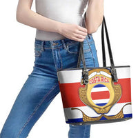 Costa Rica Flag Map Leather Tote Bag Red White Blue with National Colors and Gold Crest Design - Wonder Print Shop