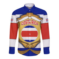 Costa Rica Flag Map Long Sleeve Button Shirt Red White Blue with National Colors and Gold Crest Design - Wonder Print Shop