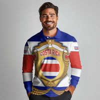 Costa Rica Flag Map Long Sleeve Polo Shirt Red White Blue with National Colors and Gold Crest Design - Wonder Print Shop