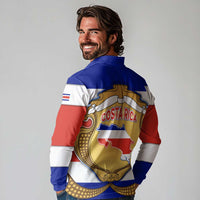 Costa Rica Flag Map Long Sleeve Polo Shirt Red White Blue with National Colors and Gold Crest Design - Wonder Print Shop