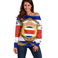 Costa Rica Flag Map Off Shoulder Sweater Red White Blue with National Colors and Gold Crest Design - Wonder Print Shop