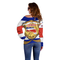 Costa Rica Flag Map Off Shoulder Sweater Red White Blue with National Colors and Gold Crest Design - Wonder Print Shop