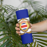 Costa Rica Flag Map Skinny Tumbler Red White Blue with National Colors and Gold Crest Design - Wonder Print Shop