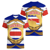 Costa Rica Flag Map Women V-Neck T-Shirt Red White Blue with National Colors and Gold Crest Design - Wonder Print Shop