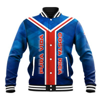Costa Rica Pura Vida Baseball Jacket Blue Geometric with Red Stripe and National Flag Detail - Wonder Print Shop