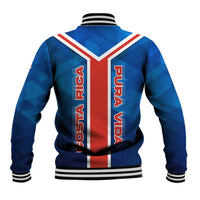 Costa Rica Pura Vida Baseball Jacket Blue Geometric with Red Stripe and National Flag Detail - Wonder Print Shop