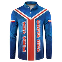Costa Rica Pura Vida Button Sweatshirt Blue Geometric with Red Stripe and National Flag Detail - Wonder Print Shop
