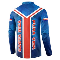 Costa Rica Pura Vida Button Sweatshirt Blue Geometric with Red Stripe and National Flag Detail - Wonder Print Shop