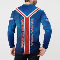Costa Rica Pura Vida Button Sweatshirt Blue Geometric with Red Stripe and National Flag Detail - Wonder Print Shop