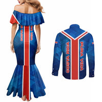 Costa Rica Pura Vida Couples Matching Mermaid Dress and Long Sleeve Button Shirt Blue Geometric with Red Stripe and National Flag Detail - Wonder Print Shop