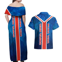 Costa Rica Pura Vida Couples Matching Off Shoulder Maxi Dress and Hawaiian Shirt Blue Geometric with Red Stripe and National Flag Detail - Wonder Print Shop