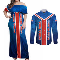 Costa Rica Pura Vida Couples Matching Off Shoulder Maxi Dress and Long Sleeve Button Shirt Blue Geometric with Red Stripe and National Flag Detail - Wonder Print Shop