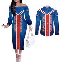 Costa Rica Pura Vida Couples Matching Off The Shoulder Long Sleeve Dress and Long Sleeve Button Shirt Blue Geometric with Red Stripe and National Flag Detail - Wonder Print Shop