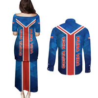 Costa Rica Pura Vida Couples Matching Puletasi and Long Sleeve Button Shirt Blue Geometric with Red Stripe and National Flag Detail - Wonder Print Shop