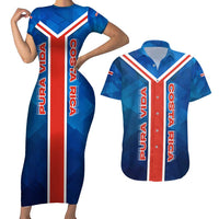 Costa Rica Pura Vida Couples Matching Short Sleeve Bodycon Dress and Hawaiian Shirt Blue Geometric with Red Stripe and National Flag Detail - Wonder Print Shop