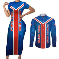 Costa Rica Pura Vida Couples Matching Short Sleeve Bodycon Dress and Long Sleeve Button Shirt Blue Geometric with Red Stripe and National Flag Detail - Wonder Print Shop
