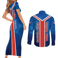 Costa Rica Pura Vida Couples Matching Short Sleeve Bodycon Dress and Long Sleeve Button Shirt Blue Geometric with Red Stripe and National Flag Detail - Wonder Print Shop