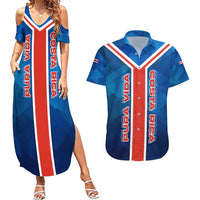 Costa Rica Pura Vida Couples Matching Summer Maxi Dress and Hawaiian Shirt Blue Geometric with Red Stripe and National Flag Detail - Wonder Print Shop