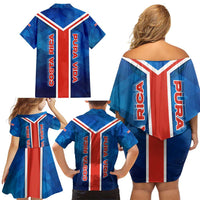 Costa Rica Pura Vida Family Matching Off Shoulder Short Dress and Hawaiian Shirt Blue Geometric with Red Stripe and National Flag Detail - Wonder Print Shop