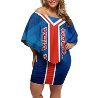 Costa Rica Pura Vida Family Matching Off Shoulder Short Dress and Hawaiian Shirt Blue Geometric with Red Stripe and National Flag Detail - Wonder Print Shop