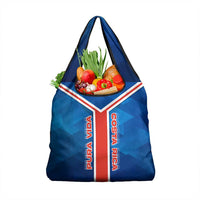 Costa Rica Pura Vida Grocery Bag Blue Geometric with Red Stripe and National Flag Detail - Wonder Print Shop