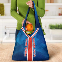 Costa Rica Pura Vida Grocery Bag Blue Geometric with Red Stripe and National Flag Detail - Wonder Print Shop