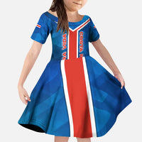 Costa Rica Pura Vida Kid Short Sleeve Dress Blue Geometric with Red Stripe and National Flag Detail - Wonder Print Shop