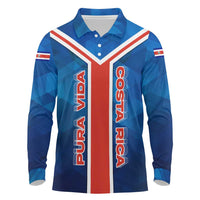 Costa Rica Pura Vida Long Sleeve Polo Shirt Blue Geometric with Red Stripe and National Flag Detail - Wonder Print Shop
