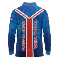 Costa Rica Pura Vida Long Sleeve Polo Shirt Blue Geometric with Red Stripe and National Flag Detail - Wonder Print Shop