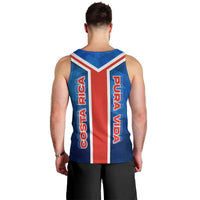 Costa Rica Pura Vida Men Tank Top Blue Geometric with Red Stripe and National Flag Detail - Wonder Print Shop