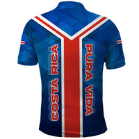 Costa Rica Pura Vida Polo Shirt Blue Geometric with Red Stripe and National Flag Detail - Wonder Print Shop