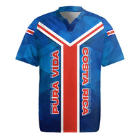 Costa Rica Pura Vida Rugby Jersey Blue Geometric with Red Stripe and National Flag Detail - Wonder Print Shop