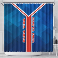 Costa Rica Pura Vida Shower Curtain Blue Geometric with Red Stripe and National Flag Detail - Wonder Print Shop