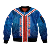 Costa Rica Pura Vida Sleeve Zip Bomber Jacket Blue Geometric with Red Stripe and National Flag Detail - Wonder Print Shop