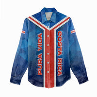 Costa Rica Pura Vida Women Casual Shirt Blue Geometric with Red Stripe and National Flag Detail - Wonder Print Shop