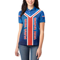 Costa Rica Pura Vida Women Polo Shirt Blue Geometric with Red Stripe and National Flag Detail - Wonder Print Shop
