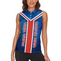 Costa Rica Pura Vida Women Sleeveless Polo Shirt Blue Geometric with Red Stripe and National Flag Detail - Wonder Print Shop
