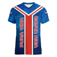 Costa Rica Pura Vida Women V-Neck T-Shirt Blue Geometric with Red Stripe and National Flag Detail - Wonder Print Shop