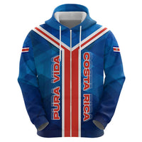 Costa Rica Pura Vida Zip Hoodie Blue Geometric with Red Stripe and National Flag Detail - Wonder Print Shop