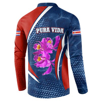 Costa Rica Orchid Button Sweatshirt Red and Blue with National Emblem and Purple Flower Design - Wonder Print Shop
