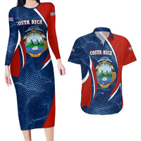Costa Rica Orchid Couples Matching Long Sleeve Bodycon Dress and Hawaiian Shirt Red and Blue with National Emblem and Purple Flower Design - Wonder Print Shop