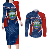 Costa Rica Orchid Couples Matching Long Sleeve Bodycon Dress and Long Sleeve Button Shirt Red and Blue with National Emblem and Purple Flower Design - Wonder Print Shop