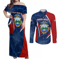 Costa Rica Orchid Couples Matching Off Shoulder Maxi Dress and Long Sleeve Button Shirt Red and Blue with National Emblem and Purple Flower Design - Wonder Print Shop