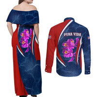 Costa Rica Orchid Couples Matching Off Shoulder Maxi Dress and Long Sleeve Button Shirt Red and Blue with National Emblem and Purple Flower Design - Wonder Print Shop