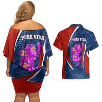Costa Rica Orchid Couples Matching Off Shoulder Short Dress and Hawaiian Shirt Red and Blue with National Emblem and Purple Flower Design - Wonder Print Shop